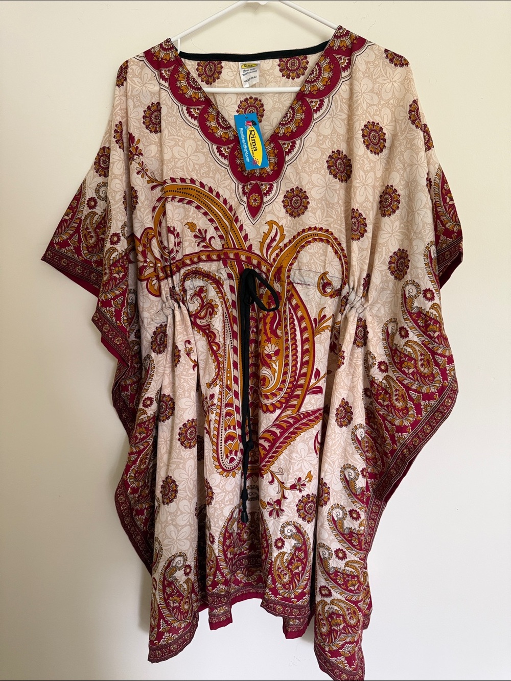 Tahari Paisley Drawstring Kaftan in Cream, Burgundy and Mustard